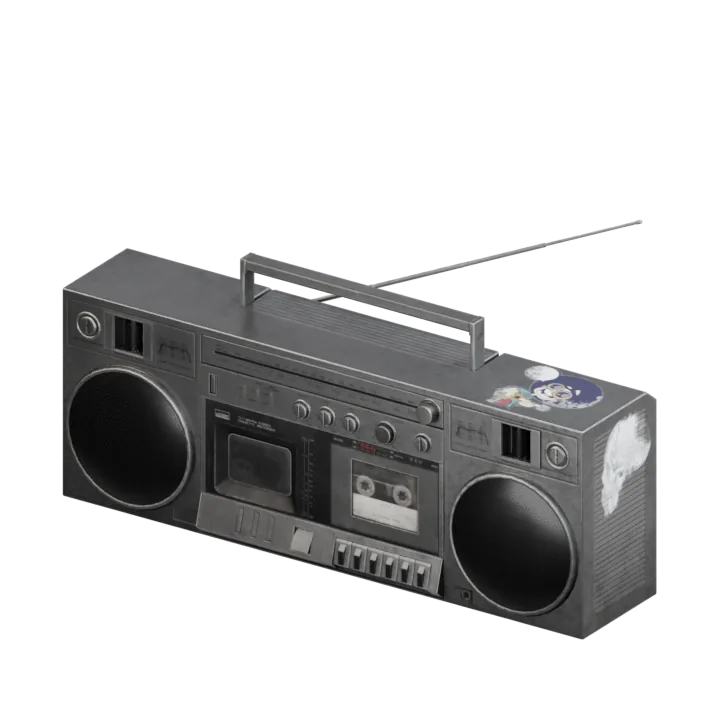 A portable stereo with two speakers.