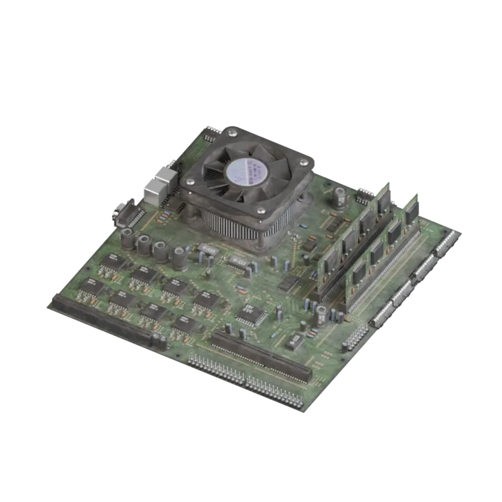 A populated circuit board with a cooling fan.