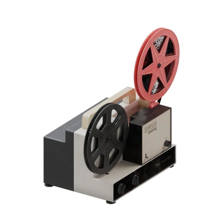 An 8mm film projector with two reels.