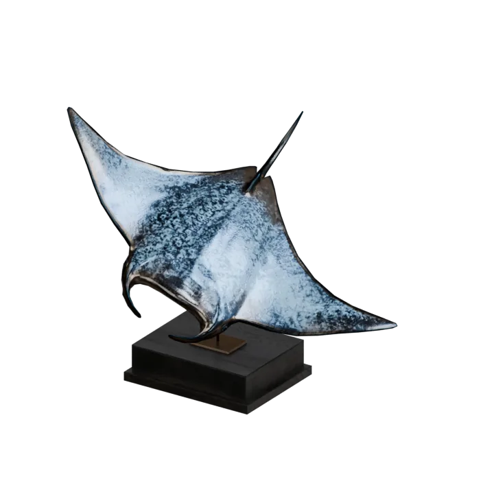 A blue patinated bronze ray sculpture.